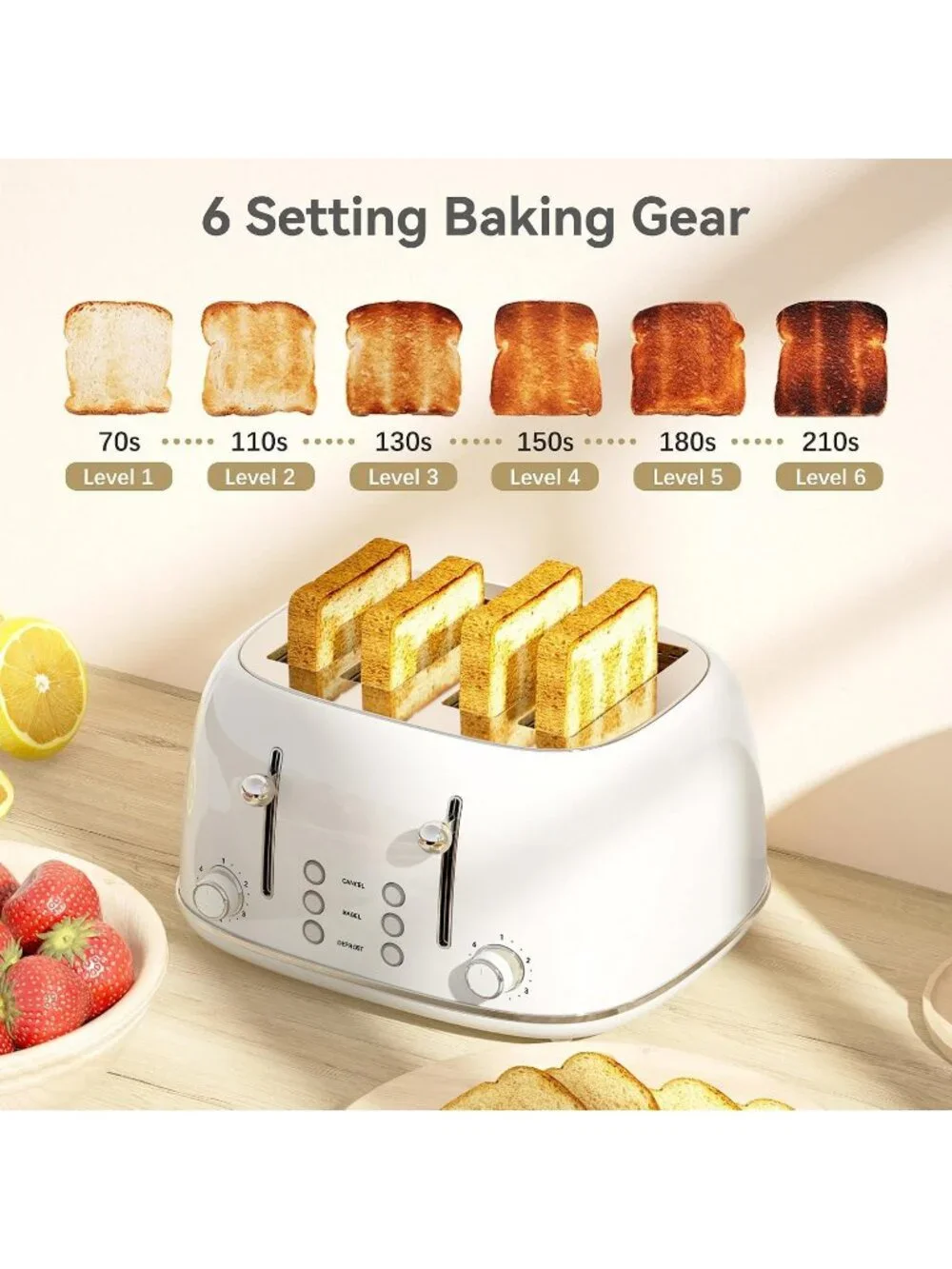 4 Slice White Retro Stainless with 6 Bread Shade Settings 1.5''Wide Slot Toaster